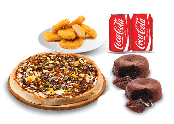 1 Pizza sénior au choix  
+ 8 Nuggets  
+ 2 Desserts au choix 
 + 2 Boissons 33cl au choix.