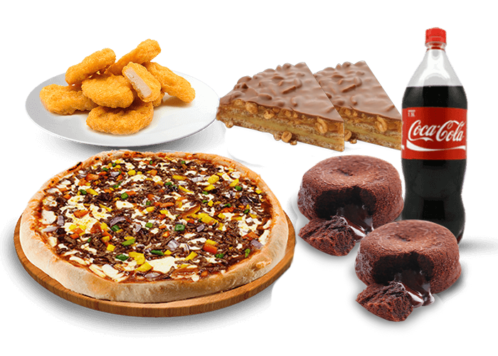 1 Pizza super méga au choix 
+ 16 Nuggets  
+ 4 Desserts au choix  
+ 1 Boisson 1.5L ou 2L au choix.