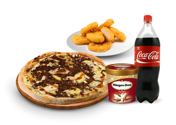 1 Pizza super méga au choix  
+ 16 Nuggets 
 + 1 Pot de glace 500ml  
+ 1 Boisson 1.5L ou 2L au choix.